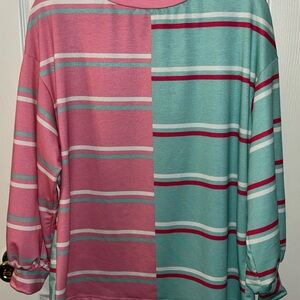Womens Striped Round Neck Oversized Color Block Long Sleeve Shirts Casual